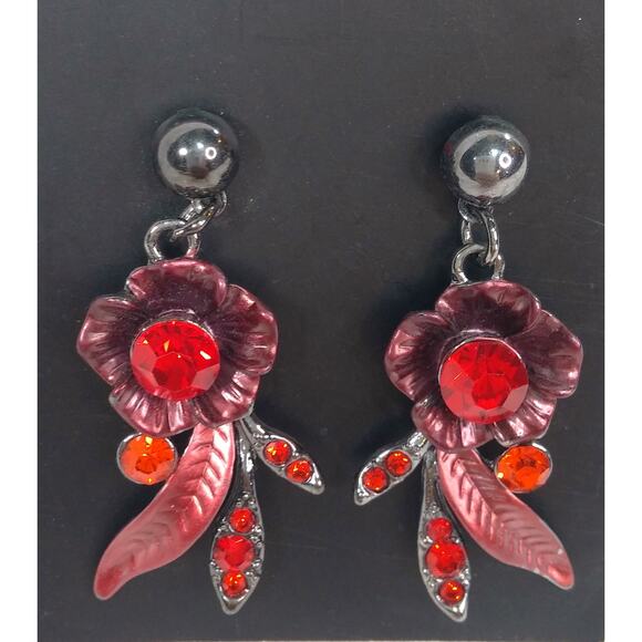 Red Necklace BriLove Crystal Blossom Floral  Leaf Collar Matching Earrings Set - Picture 6 of 16